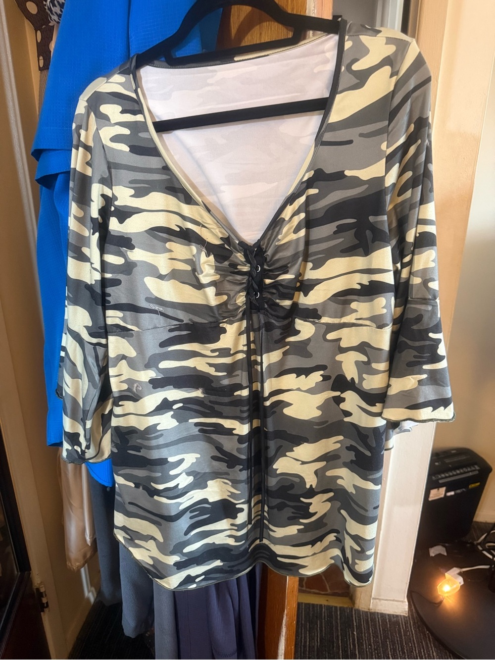 Camo Women's Camouflage V-Neck Ruched Front Blouse in Black, Gray, Cream